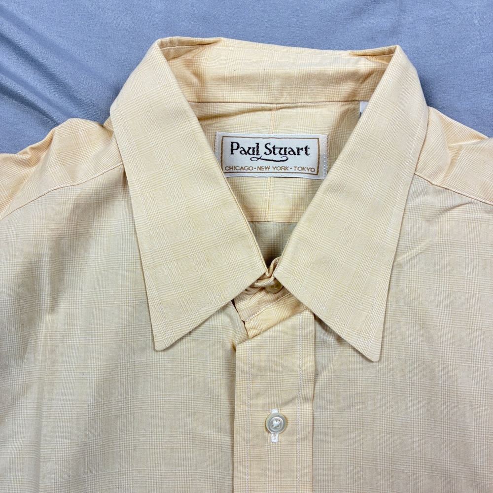Paul Stuart Dress Shirt 15.5 34 Yellow Micro Plaid Cotton USA Spear Point VTG